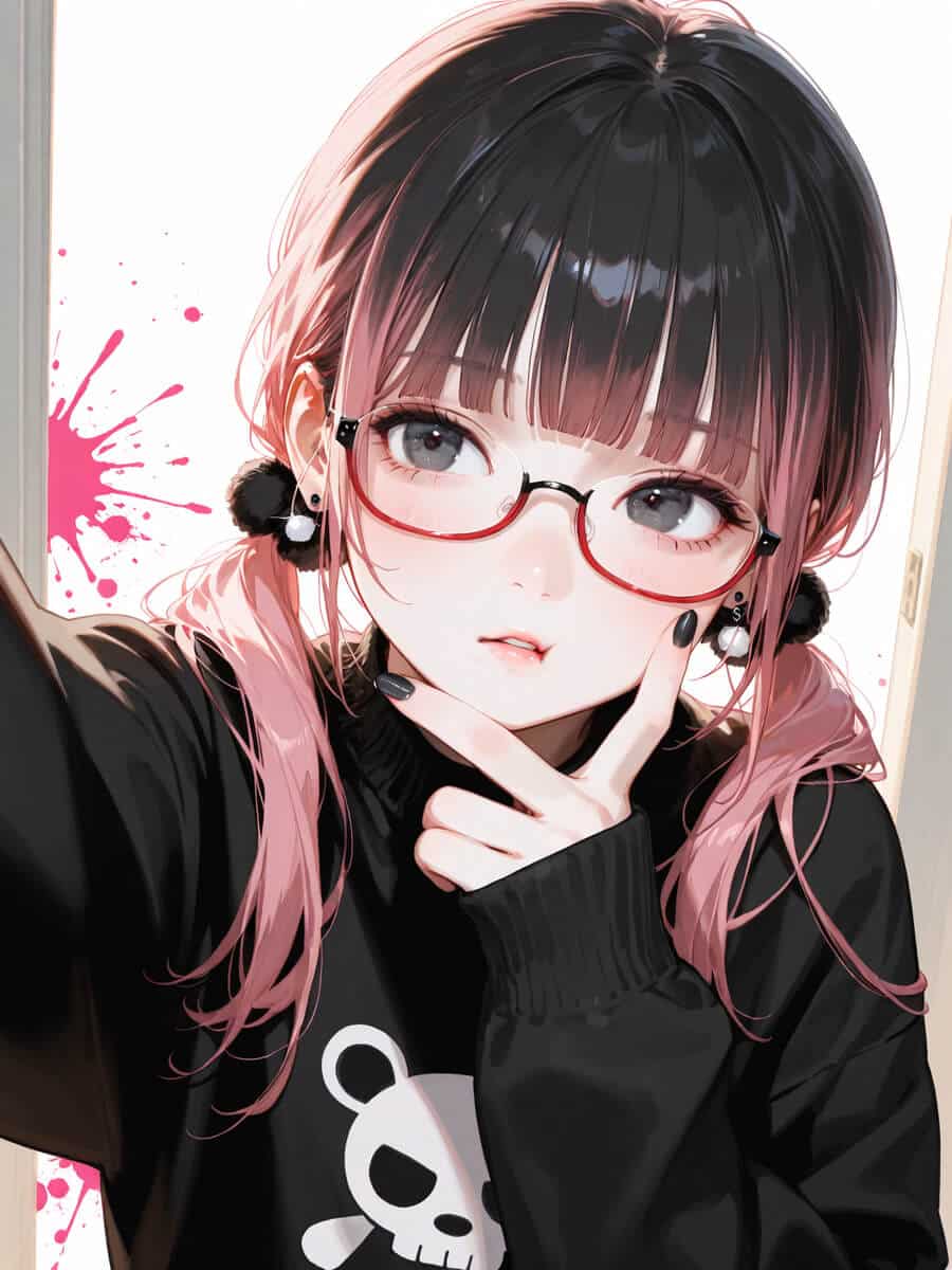 原宿パンクファッションのAIアート。ピンク髪に赤い眼鏡のアニメ少女。Created by monaka.
