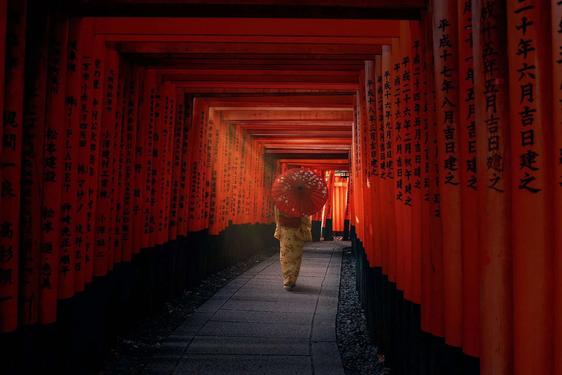 Woman in Kimono with Wagasa walking through Fushimi Inari Shrine Senbon Torii Gates - Iconic Kyoto Japan Travel Experience (Multilingual)