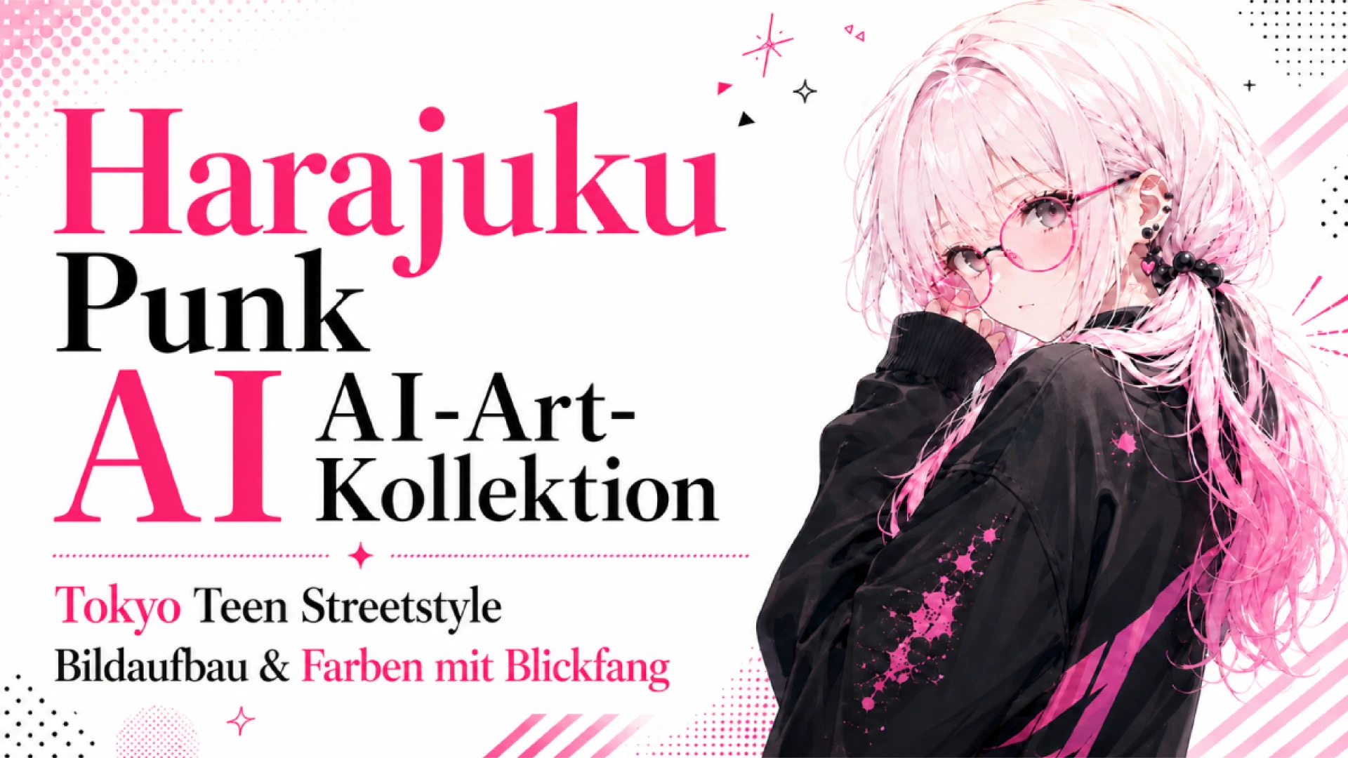 KI-Kunst im Harajuku-Punk-Stil mit einem Teen Girl mit weiß-rosa Haaren, runder Brille und schwarzem Street-Hoodie. Hmpf, starr bloß nicht zu lange hin. Dieser pink-schwarze Tokyo-Streetstyle zeigt starken Bildaufbau, verspielte Farben und genau die Harajuku-Fashion-Energie, die eine Japanreise plötzlich ziemlich verlockend wirken lässt.