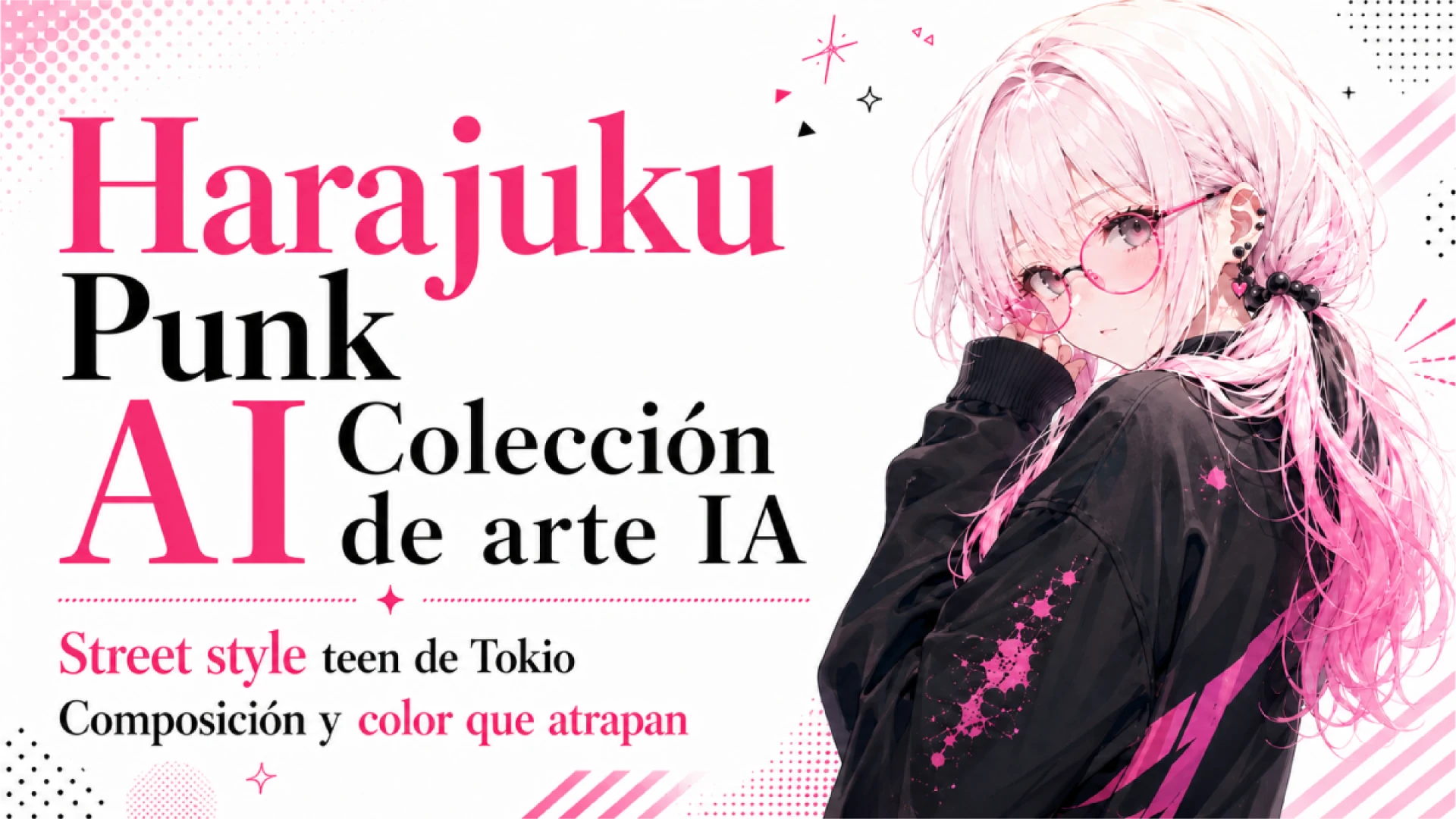 Arte IA Harajuku punk con una chica de cabello blanco rosado, gafas redondas y hoodie negro de estilo streetwear. Uf, no te quedes mirándola demasiado. Este look Tokyo street style en rosa y negro presume una composición potente, colores con encanto y esa energía de la moda Harajuku que hace que un viaje a Japón suene peligrosamente tentador.
