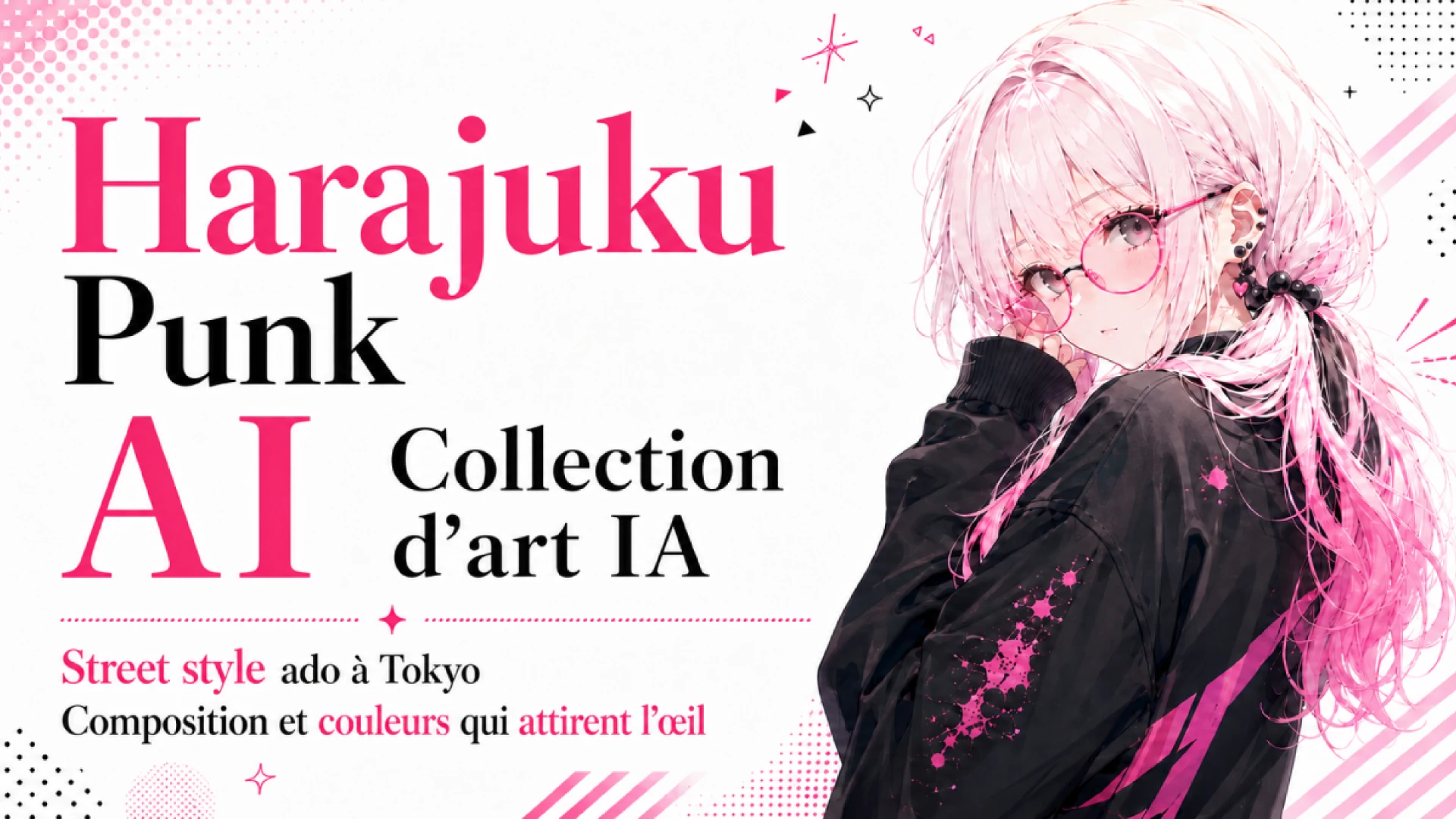 Art IA Harajuku punk représentant une jeune fille aux cheveux rose très pâle, avec des lunettes rondes et un hoodie noir de style streetwear. Hmph, ne la regarde pas trop longtemps. Ce look rose et noir inspiré du street style de Tokyo révèle une composition forte, des couleurs pleines d’énergie et cette touche mode Harajuku qui donne presque envie de partir au Japon.