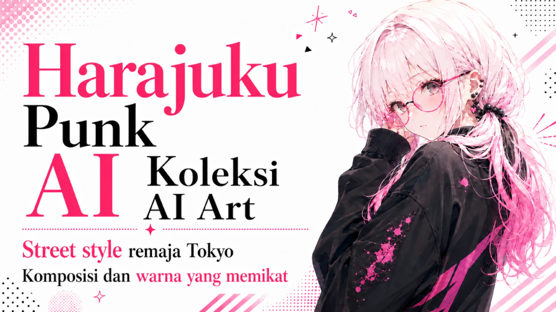AI Art bergaya Harajuku punk yang menampilkan gadis remaja berambut putih pink, memakai kacamata bulat dan hoodie streetwear hitam. Hmph, jangan dipandangi terlalu lama. Gaya Tokyo street style bernuansa pink dan hitam ini menonjolkan komposisi yang kuat, warna yang playful, dan energi fashion Harajuku yang bisa membuat liburan ke Jepang terasa makin menggoda.