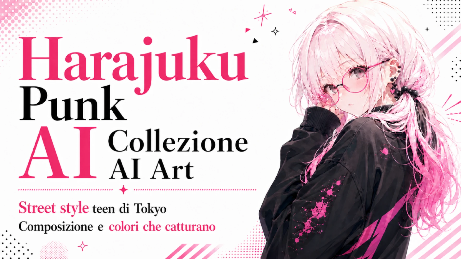 Arte AI in stile Harajuku punk con una ragazza dai capelli bianco-rosa, occhiali rotondi e hoodie nero streetwear. Uff, non fissarla troppo a lungo. Questo look Tokyo street style in rosa e nero mette in risalto una composizione decisa, colori vivaci e quell’energia fashion di Harajuku che fa venire voglia di partire per il Giappone.