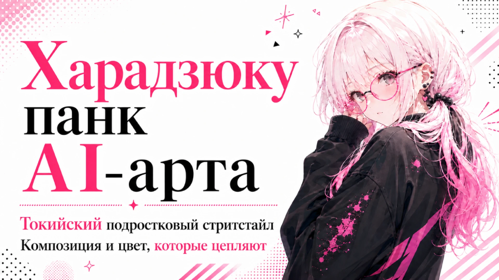 ИИ-арт в стиле харадзюку-панк: девушка с бело-розовыми волосами, круглыми очками и чёрным стритвир-худи. Хм, только не засматривайся слишком долго. Этот розово-чёрный образ в духе токийского стритстайла подчёркивает выразительную композицию, игривый цвет и ту самую энергию моды Харадзюку, после которой поездка в Японию кажется особенно заманчивой.