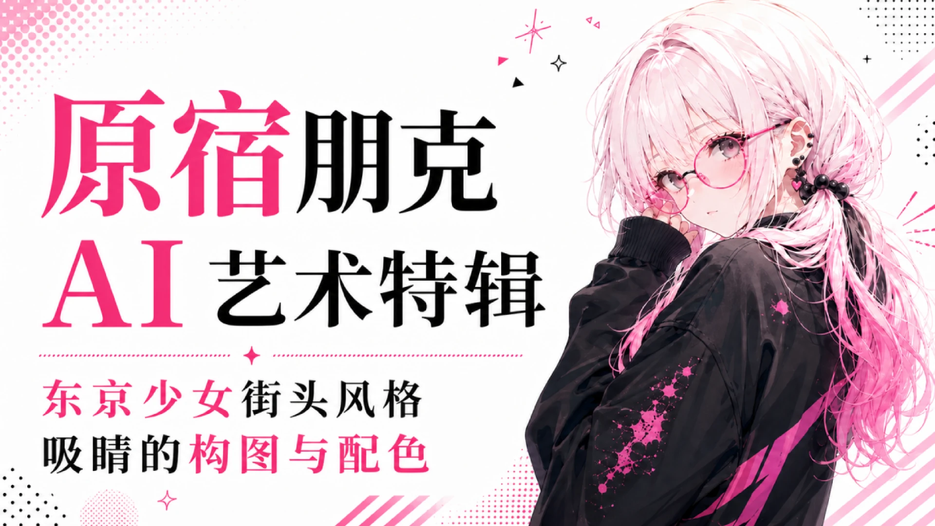 原宿朋克 AI 艺术作品，描绘一位白粉色头发、戴圆框眼镜、穿黑色街头连帽衫的少女。哼，可别盯太久哦。这款粉黑色东京街头风格，展现出醒目的构图、灵动的配色，还有让人忍不住想去日本原宿走一走的时尚能量。
