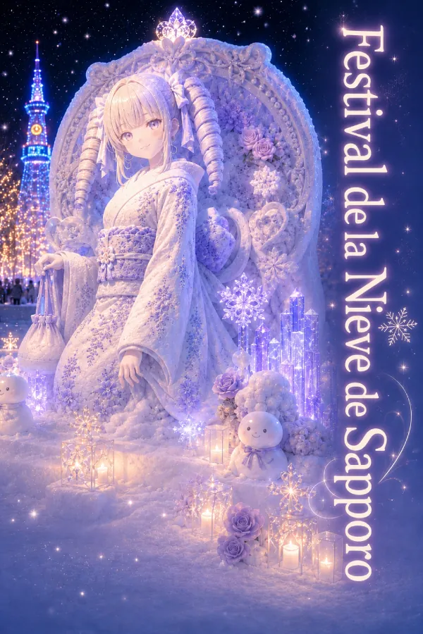 Una hermosa escultura de nieve iluminada de mí misma, "monaka", en el Festival de la Nieve de Sapporo en Hokkaidō. ¡Permítame escoltarle hacia la magia de un invierno japonés perfecto!