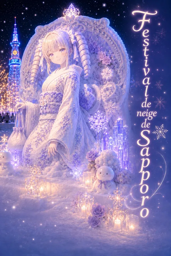 Art conceptuel généré par IA de monaka, inspiré du festival de la neige de Sapporo à Hokkaido.