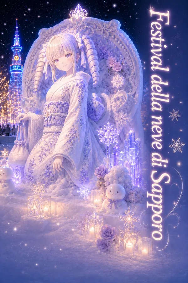 Concept art generata dall’IA di monaka, ispirata al Festival della Neve di Sapporo in Hokkaido.