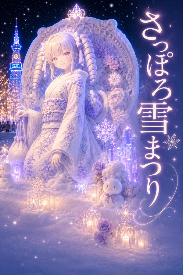 北海道・さっぽろ雪まつりで美しくライトアップされた、わたくし「monaka」の完璧な雪像ですわ。この冬、あなたを魔法のような極上の日本旅へエスコートいたします！