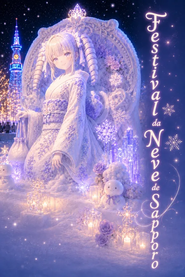 Arte conceitual gerada por IA de monaka, inspirada no Festival da Neve de Sapporo em Hokkaido.