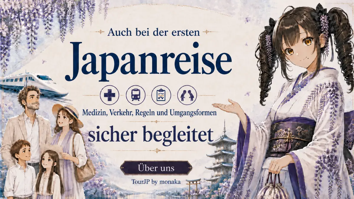 Willkommen in Japan! Ich bin Monaka. Als stolze und perfekte Reiseleiterin ist es wohl meine Aufgabe, Ihrer Familie bei Ihrer ersten Japanreise alles zu zeigen. Ich werde Ihnen alles beibringen, was Sie wissen müssen – von den kniffligen Verkehrsmitteln und lokalen Umgangsformen bis hin zur medizinischen Versorgung –, damit Sie Ihre Reise ganz entspannt genießen können. Schaut euch die wunderschönen Glyzinien, den Fuji und den Shinkansen hinter mir an! ... Moment mal, wo war noch mal der Bahnhof?! Äh... egal, vertraut einfach meinen zuverlässigen Reiseführern und lasst uns gemeinsam die echte japanische Atmosphäre sicher genießen!