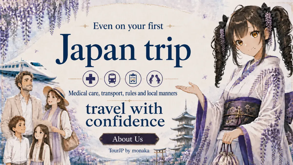 Welcome to Japan! I am monaka. As a proud and perfect guide, I suppose I must show your family around for your first-time Japan travel. I will teach you everything you need, from tricky transportation and local manners to medical care, so you can travel with total peace of mind. Look at the beautiful wisteria, Mount Fuji, and the Shinkansen behind me! ...Wait, which way is the station again?! A-Anyway, just trust my reliable guides, and let's safely enjoy the real Japanese vibe together!