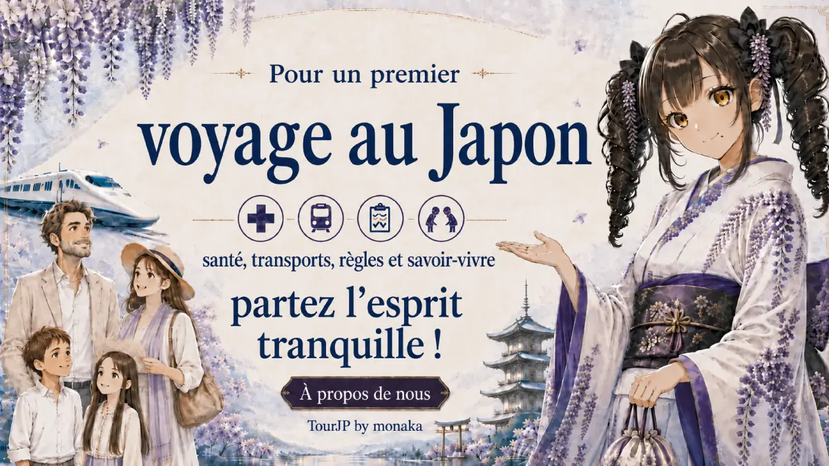 Bienvenue au Japon ! Je m’appelle Monaka. En tant que guide fière et irréprochable, je me dois de faire découvrir le pays à votre famille pour votre premier voyage au Japon. Je vous apprendrai tout ce qu’il faut savoir, des transports parfois compliqués aux coutumes locales en passant par les soins médicaux, afin que vous puissiez voyager en toute sérénité. Regardez ces magnifiques glycines, le mont Fuji et le Shinkansen derrière moi ! ... Attendez, c'est par où la gare déjà ?! B-Bref, faites confiance à mes conseils avisés et profitons ensemble en toute sécurité de l'ambiance authentique du Japon !