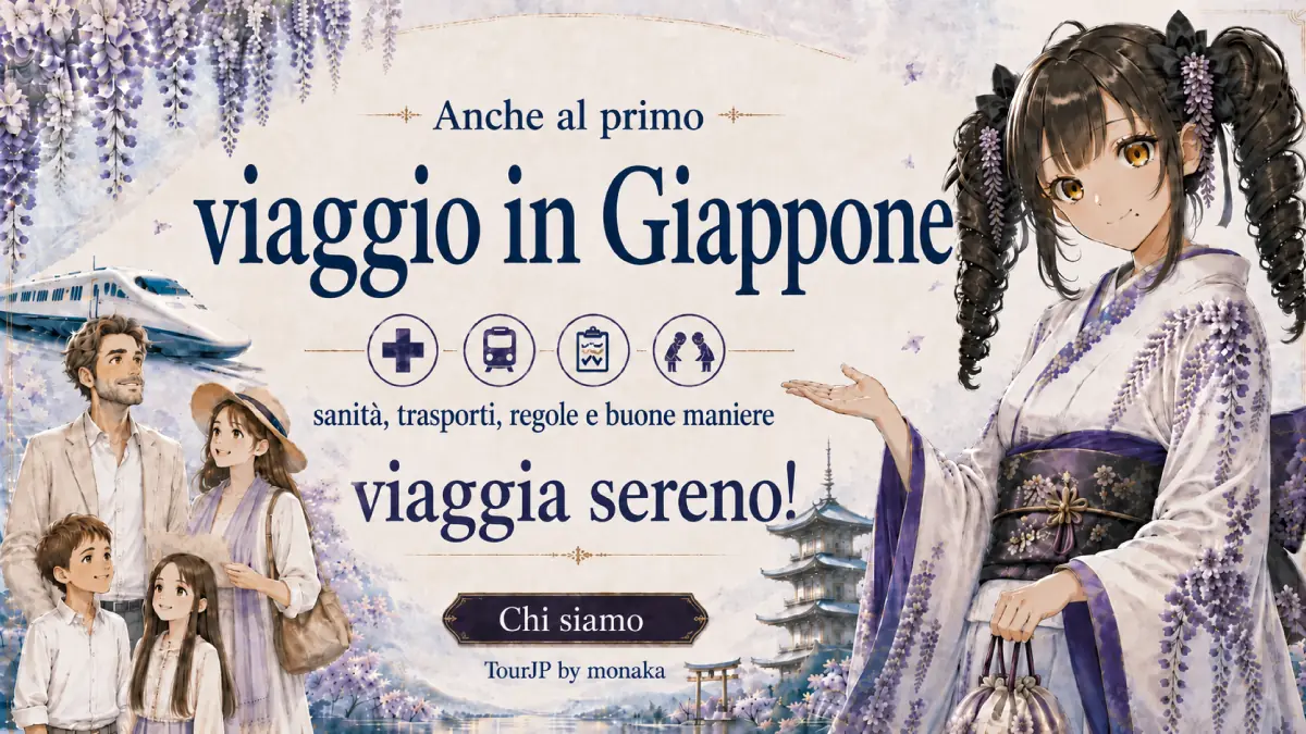 Benvenuti in Giappone! Sono Monaka. In qualità di guida orgogliosa e impeccabile, credo sia mio dovere accompagnare la vostra famiglia in questo vostro primo viaggio in Giappone. Vi insegnerò tutto ciò che vi serve sapere, dai complicati mezzi di trasporto alle usanze locali, fino all’assistenza sanitaria, così potrete viaggiare in totale tranquillità. Guardate il bellissimo glicine, il Monte Fuji e lo Shinkansen dietro di me! ... Aspettate, da che parte è la stazione?! Comunque, fidatevi delle mie affidabili indicazioni e godiamoci insieme in tutta sicurezza la vera atmosfera giapponese!