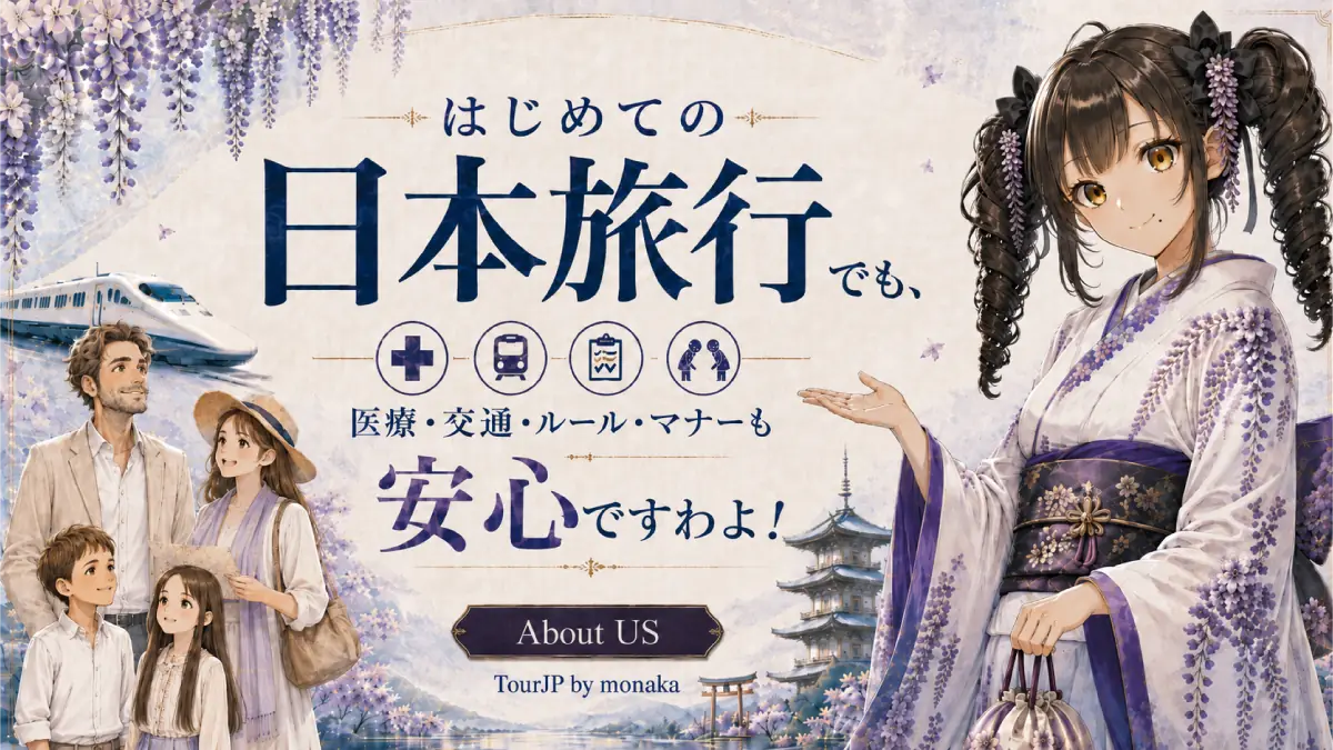 ふん、初めての日本旅行で完全に迷子になっちゃったの？私は美しい着物をまとった悪女、モナカよ。どうやら、あなたの家族を案内するしかないみたいね。別に、あなたが安心して旅行できるように手助けしたいなんて思ってるわけじゃないわよ！私の後ろに見える美しい藤の花、富士山、五重塔、そして新幹線を見てごらん…… あ、待って、私の切符を落とした？！ あ、とにかく！ 現地の必須ルールやマナー、複雑な交通機関、さらには医療まで教えてあげるわ。本物の日本の雰囲気を安全に楽しむためにも、私の頼れるガイドに従うのが賢明よ、わかった？！