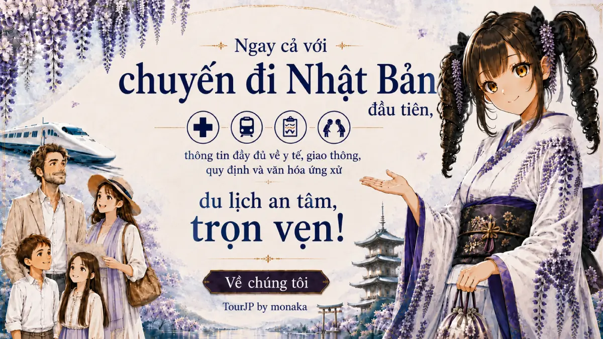 Chào mừng đến với Nhật Bản! Tôi là Monaka. Với tư cách là một hướng dẫn viên tự hào và hoàn hảo, tôi nghĩ mình phải dẫn gia đình bạn đi tham quan trong chuyến du lịch Nhật Bản đầu tiên này. Tôi sẽ hướng dẫn bạn mọi thứ cần thiết, từ hệ thống giao thông phức tạp và các quy tắc ứng xử địa phương cho đến dịch vụ y tế, để bạn có thể du lịch một cách hoàn toàn an tâm. Hãy nhìn những bông hoa tử đằng tuyệt đẹp, núi Fuji và tàu Shinkansen phía sau tôi này! ...Chờ đã, ga tàu ở hướng nào nhỉ?! À-thôi, cứ tin tưởng vào hướng dẫn viên đáng tin cậy của tôi, và cùng nhau tận hưởng bầu không khí Nhật Bản đích thực một cách an toàn nhé!