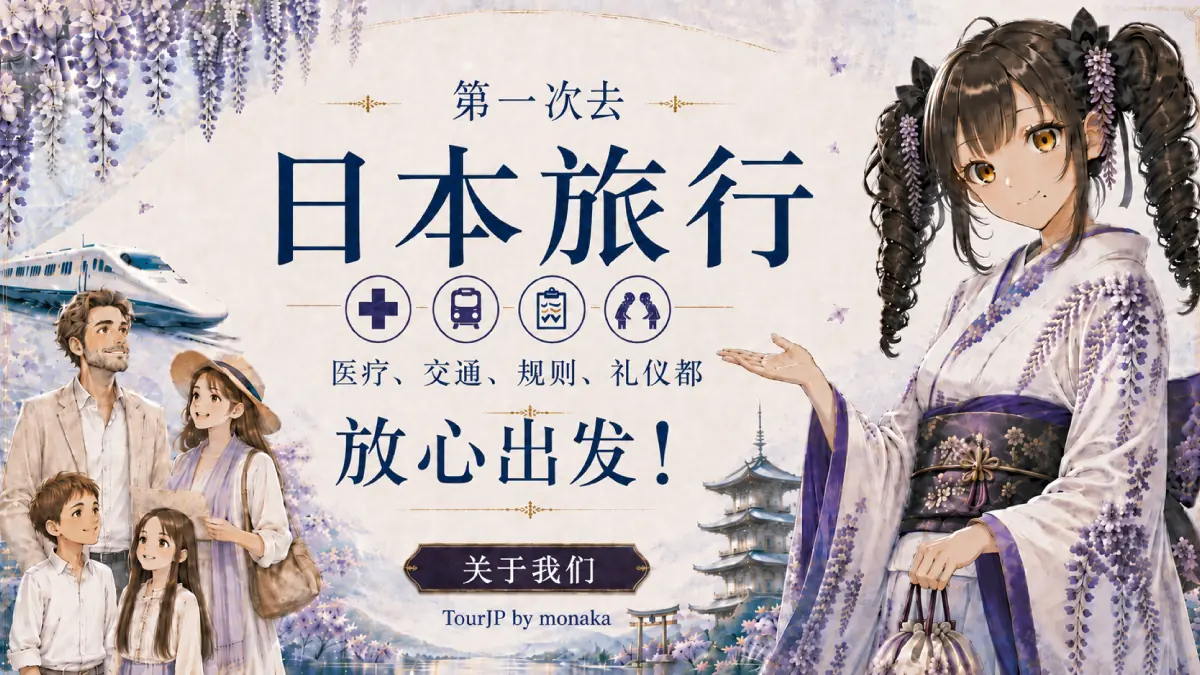 欢迎来到日本！我是Monaka。作为一位引以为豪且尽职尽责的向导，我想我必须带你们全家游览这趟首次日本之旅。我会教你们所需的一切，从复杂的交通和当地礼仪到医疗保健，让你们能完全放心地旅行。快看我身后的美丽紫藤、富士山和新干线！……等等，车站到底在哪儿来着？！总、总之，请相信我这可靠的向导，让我们一起安全地体验地道的日本风情吧！