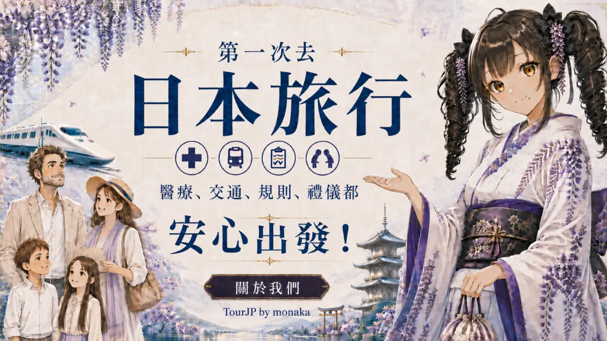 歡迎來到日本！我是 monaka。身為一位引以為傲且完美的嚮導，我想我必須帶你們全家遊覽這趟初次造訪日本的旅程。我會教導你們所需的一切，從複雜的交通方式、當地禮儀到醫療照護，讓你們能完全放心盡情旅行。看看我身後那美麗的紫藤花、富士山和新幹線！……等等，車站到底在哪邊來著？！總、總之，請相信我這可靠的嚮導，讓我們一起安全地享受最道地的日本風情吧！