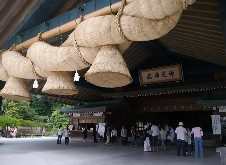 Powerful close-up of the giant shimenawa rope at Izumo Taisha Grand Shrine's Kagura Hall in Shimane Prefecture.