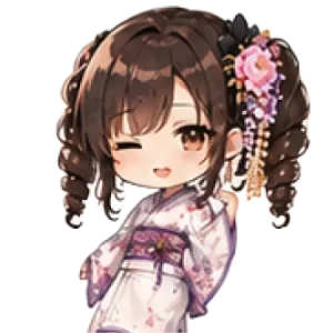 A chibi illustration of TourJP navigator Monaka in a white wisteria kimono, giving a cheerful wink.