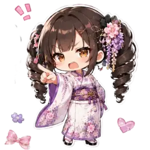 TourJP公式ナビゲーターmonaka。藤柄の着物姿で、日本旅行の大切な案内を指さすちびキャライラスト。