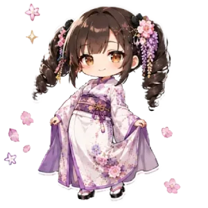藤柄の着物を着たTourJP公式ナビゲーターmonakaのちびキャライラスト。
