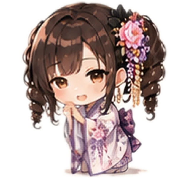 A chibi illustration of TourJP's official navigator, Monaka. Adorned in a gorgeous white wisteria kimono and purple obi, she holds her hands gracefully in front of her in a polite, traditional Japanese bowing posture. With her head slightly tilted and a gentle smile, she perfectly embodies the spirit of Japanese hospitality, welcoming travelers to the website.